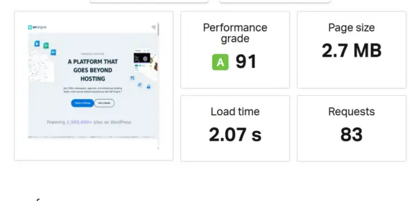 Website speed performance report showing 91 performance grade, 2.07 seconds load time, 2.7 MB page size, and 83 requests