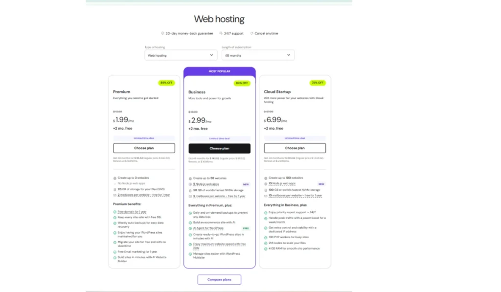 Hostinger web hosting pricing plans and features comparison chart