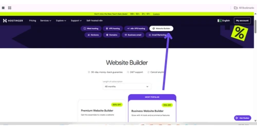 Hostinger website builder pricing page with website builder tab highlighted