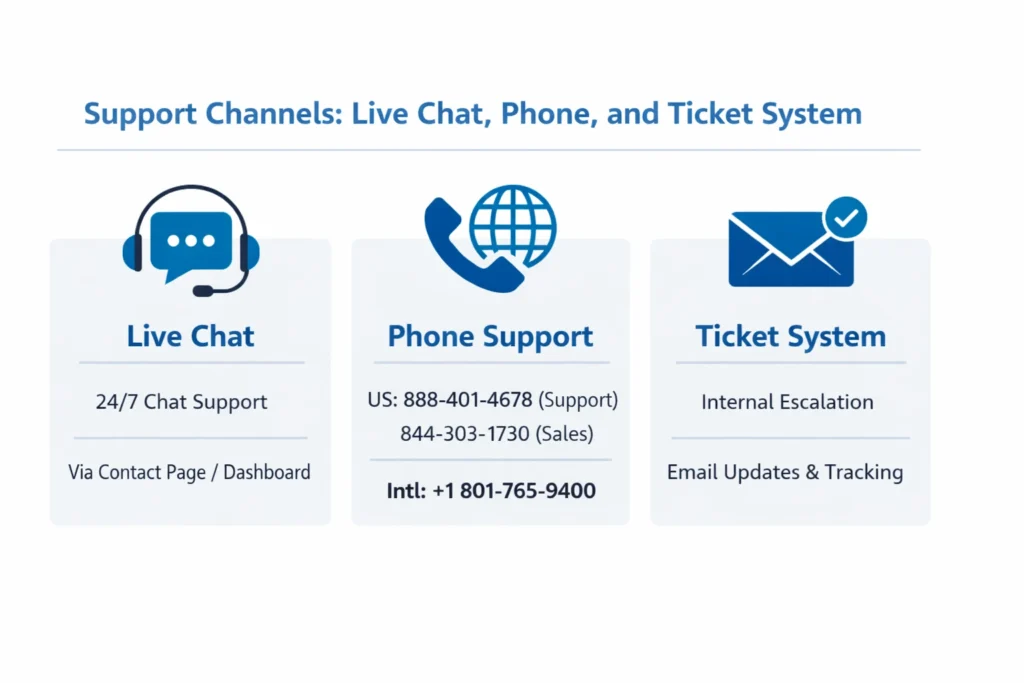 Bluehost support channels infographic showing Live Chat, Phone, and Ticket system with descriptions