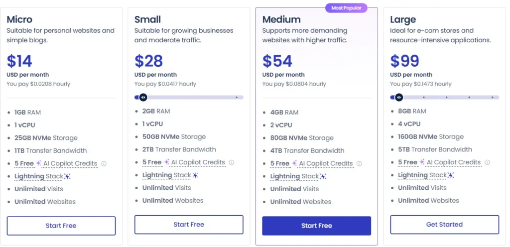 Cloudways cloud hosting pricing plans showing Micro, Small, Medium, and Large server options with monthly prices