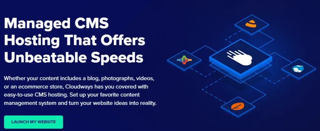 Managed CMS hosting by Cloudways offering high-speed performance for blogs, ecommerce stores, and websites