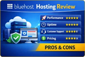 Bluehost hosting review 2026 showing performance, uptime, pricing, and customer support ratings