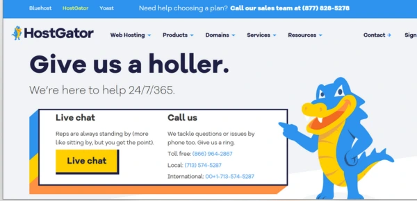 HostGator customer support options including live chat, phone support, and email assistance.