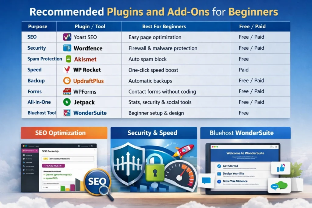 Recommended WordPress plugins and add-ons for beginners including SEO, security, speed, backup and Bluehost WonderSuite tools

