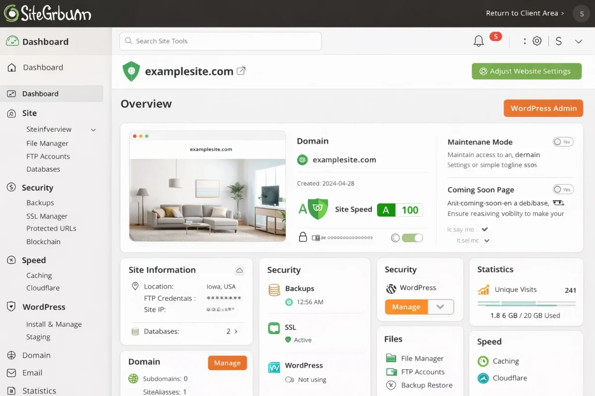 SiteGround Site Tools dashboard for examplesite.com showing website overview, site speed score, security settings, backups, file manager, WordPress management, and statistics.