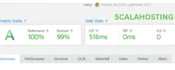 GTmetrix report showing Grade A with 100% performance, 99% structure, 516ms LCP, 0ms TBT, and 0 CLS for Scala Hosting website.