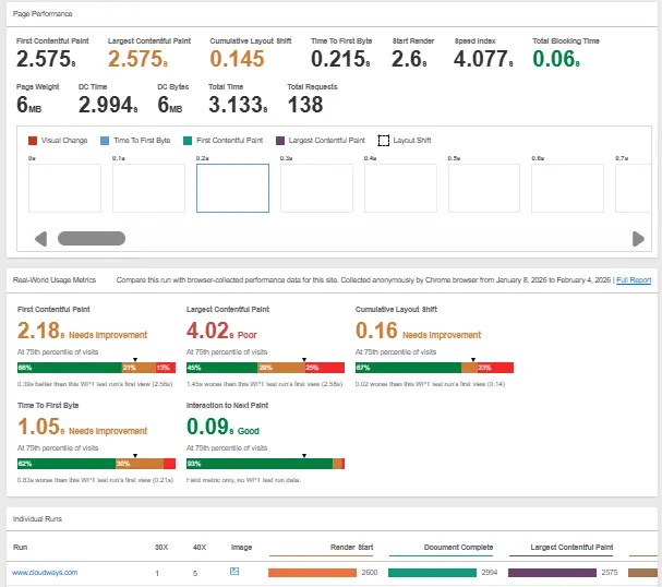 Cloudways website performance report showing page speed and Core Web Vitals metrics