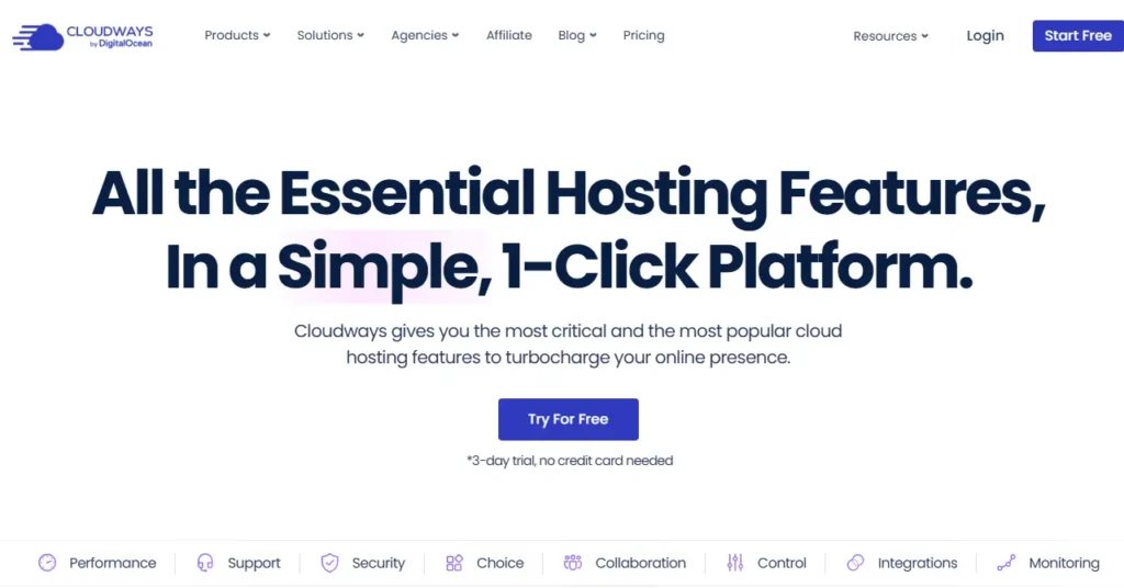 Cloudways hosting features overview showing cloud server management tools and performance options