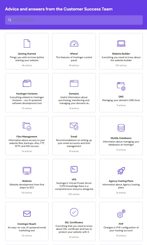 Hostinger Support page showing menu of hosting, tutorials, knowledge base and contact options