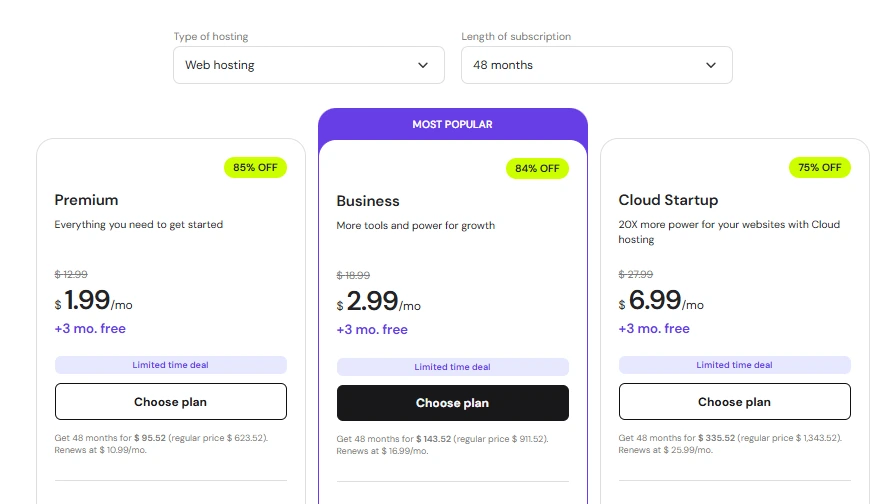 Hostinger web hosting pricing plans showing Premium, Business, and Cloud Startup options with discounted monthly prices.