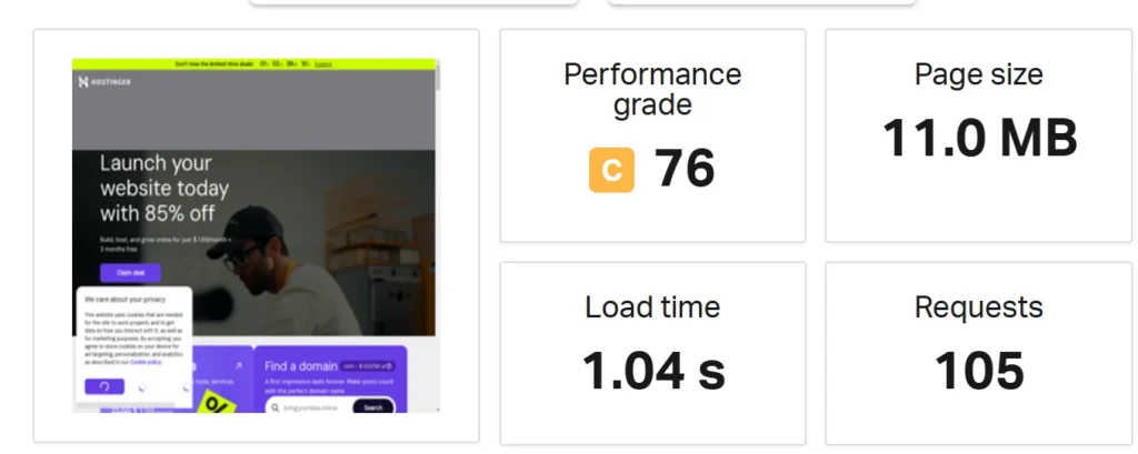 Hostinger website performance test showing load time, page size, requests, and performance grade