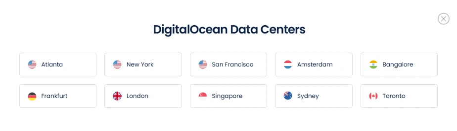DigitalOcean data centers showing server locations across the USA, Europe, Asia, and Australia