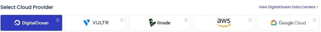 Cloud provider selection options showing DigitalOcean, Vultr, Linode, AWS, and Google Cloud
