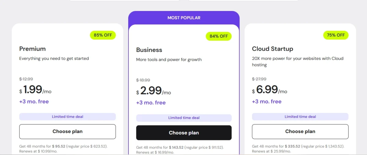 Hostinger pricing plans 2026 showing Premium at $1.99, Business at $2.99, and Cloud Startup at $6.99 per month with discount offers