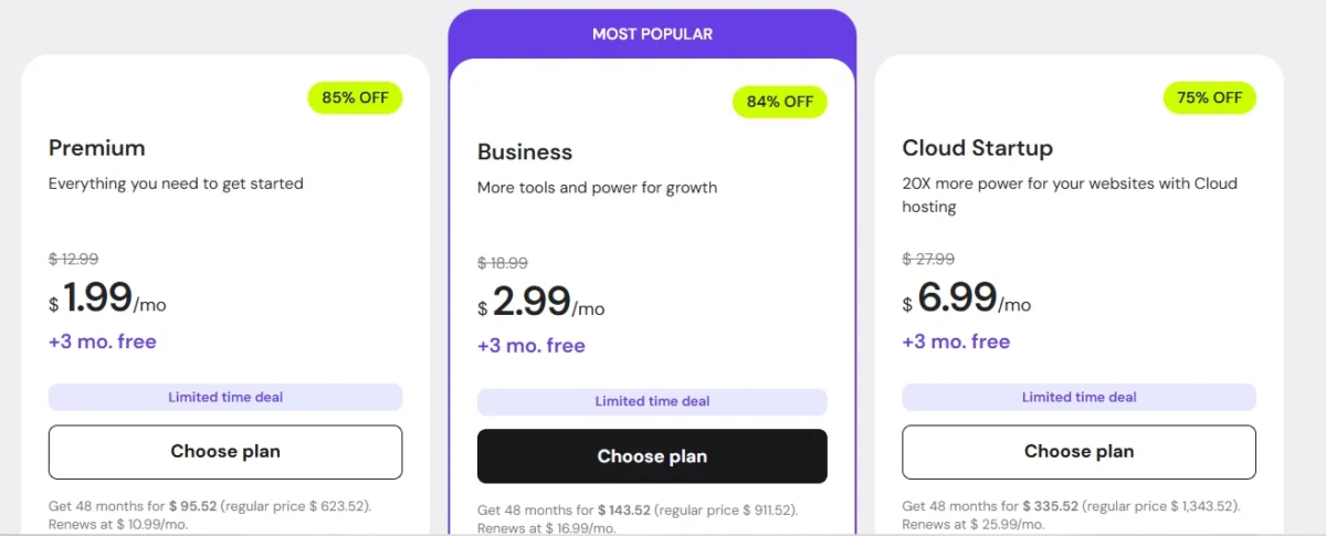 Hostinger pricing table showing Premium, Business, and Cloud Startup plans with discounted monthly prices.