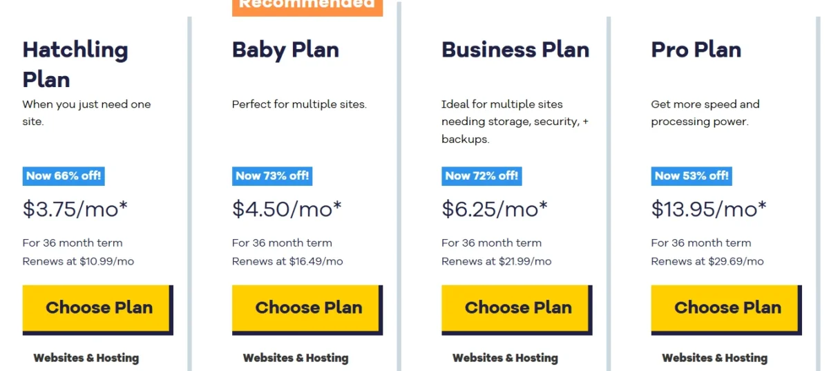 HostGator web hosting plans pricing table showing Hatchling, Baby, Business, and Pro plans with discounts and monthly rates.