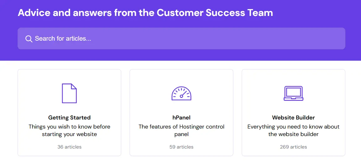 Hostinger Help Center page showing Getting Started, hPanel, and Website Builder support categories.