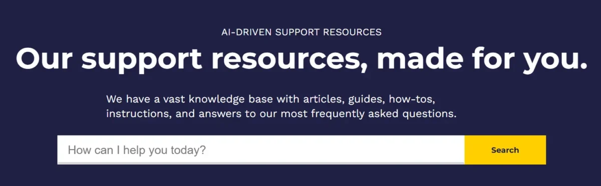 HostGator AI-driven support resources page with search bar and knowledge base section