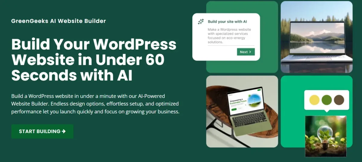GreenGeeks AI Website Builder interface showing WordPress site generation and Start Building button