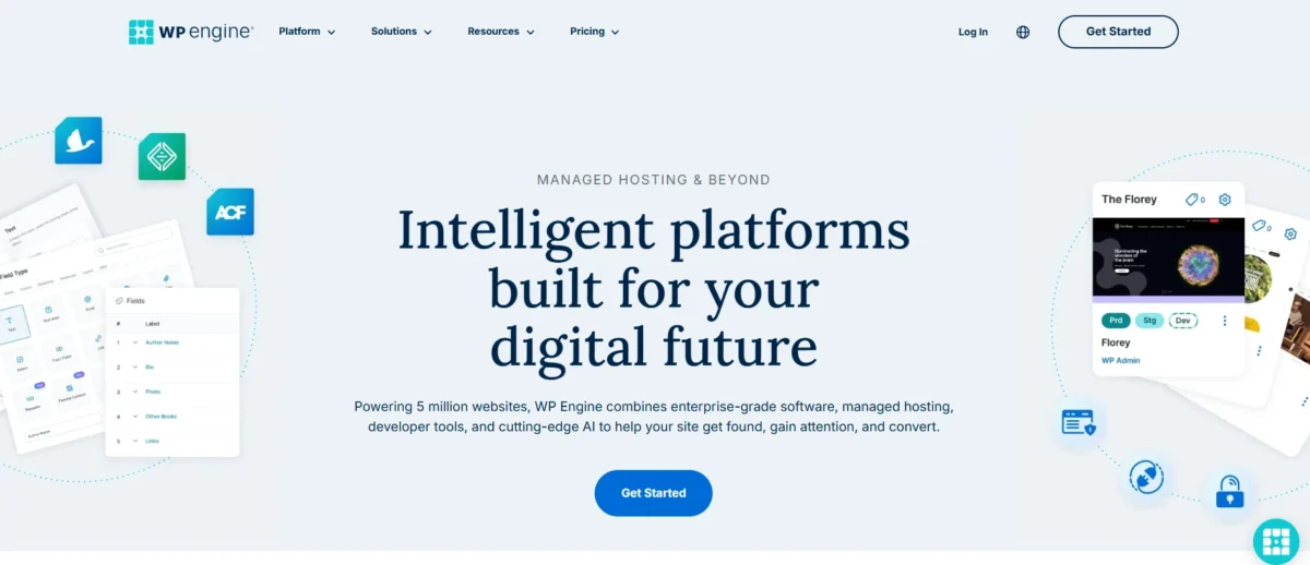 WP Engine homepage showcasing managed WordPress hosting platform