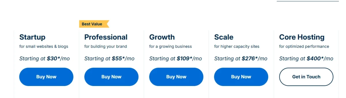 WP Engine pricing plans: Startup, Professional, Growth, Scale, Core Hosting