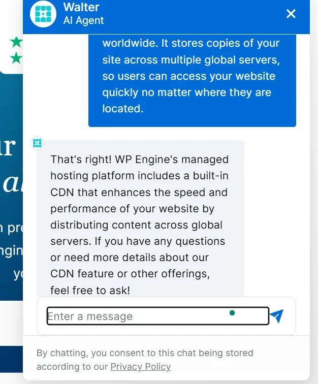 Screenshot of WP Engine AI agent explaining built-in CDN and website performance optimization features