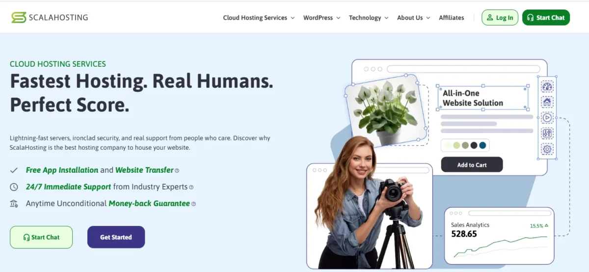 Woman using a camera with website analytics and cloud hosting graphics illustrating ScalaHosting’s fast and reliable hosting services