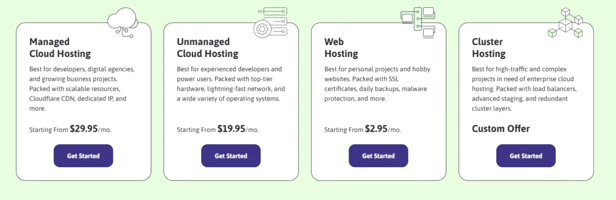 Pricing cards from ScalaHosting showing Managed Cloud, Unmanaged Cloud, Web Hosting, and Cluster Hosting plans with starting prices.
