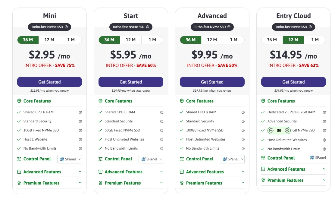 Pricing table showing ScalaHosting shared hosting plans: Mini ($2.95/month), Start ($5.95/month), Advanced ($9.95/month), and Entry Cloud ($14.95/month), with features like NVMe SSD storage, unlimited bandwidth, SPanel control panel, and security tools