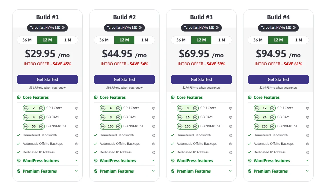 ScalaHosting WordPress hosting pricing table showing Build #1 to Build #4 plans with monthly prices, CPU cores, RAM, NVMe SSD storage, unmetered bandwidth, and WordPress features.