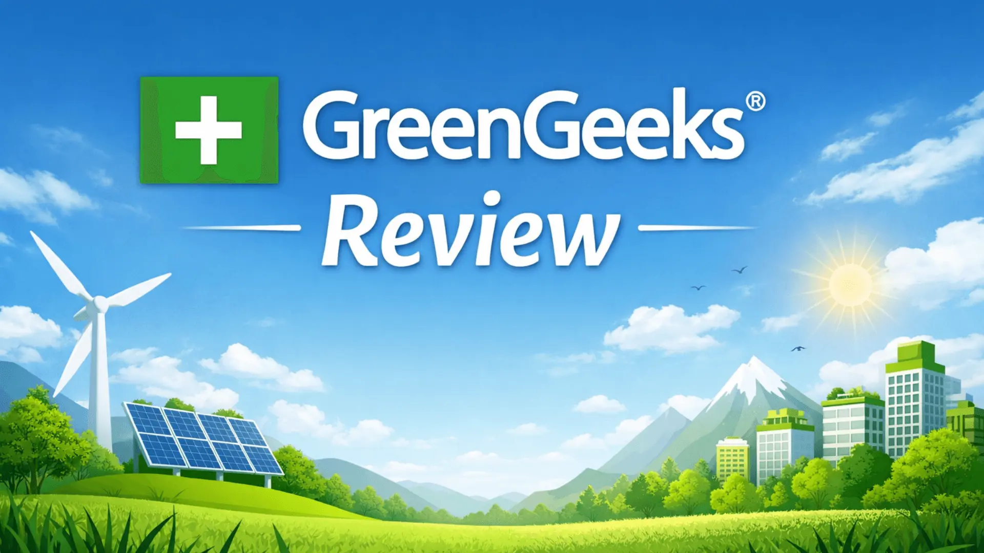 GreenGeeks logo with “GreenGeeks Review” text on eco-friendly background