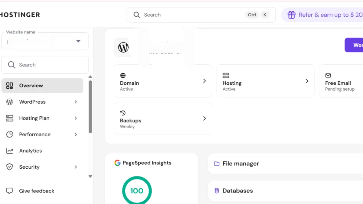 Hostinger hPanel dashboard overview showing WordPress site pyvempire.com with hosting, domain, backups, PageSpeed Insights score, file manager, and database options.