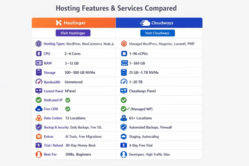 Hosting features comparison between Hostinger and Cloudways with CPU, RAM, storage, CDN, and extras