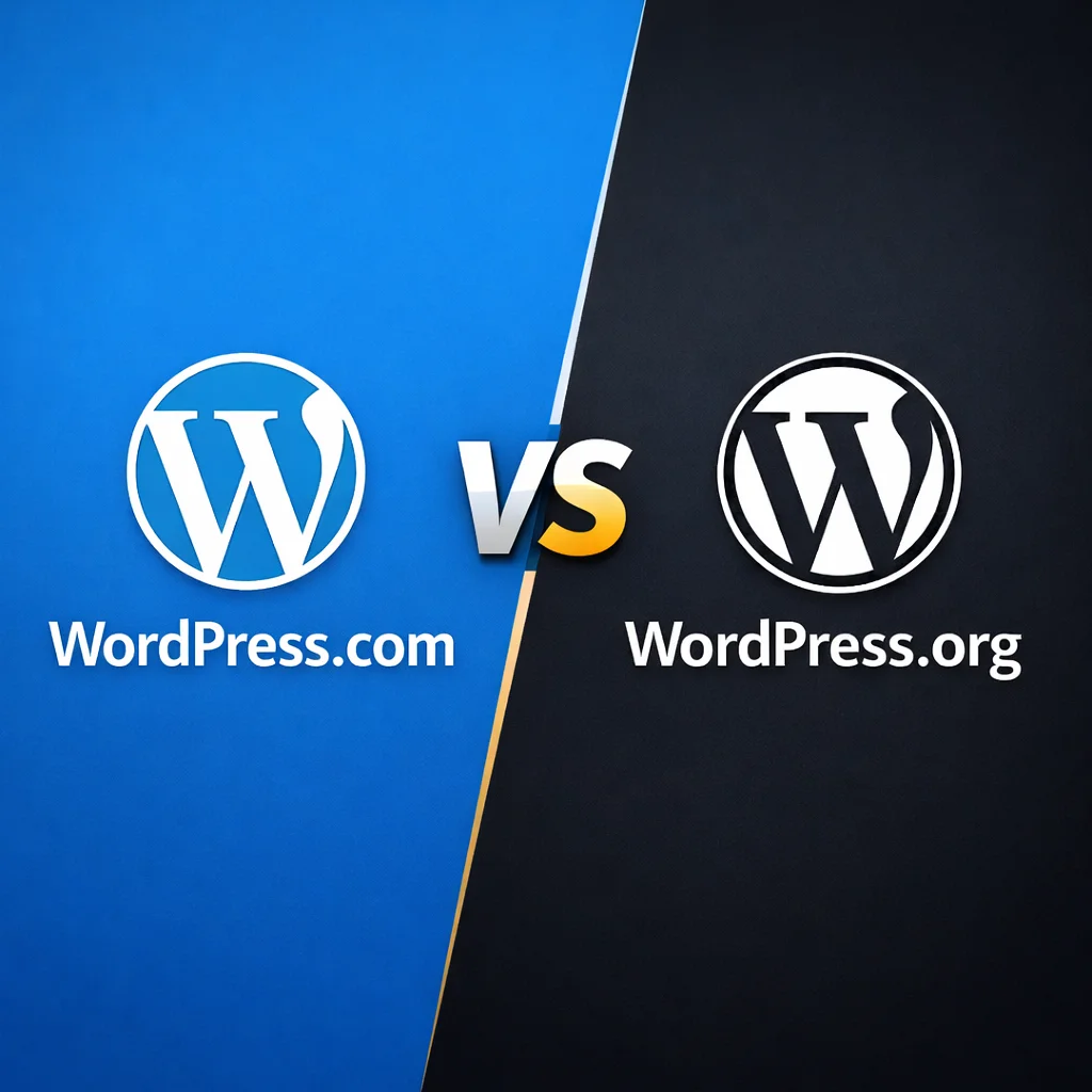 WordPress.com vs WordPress.org logo comparison with VS design