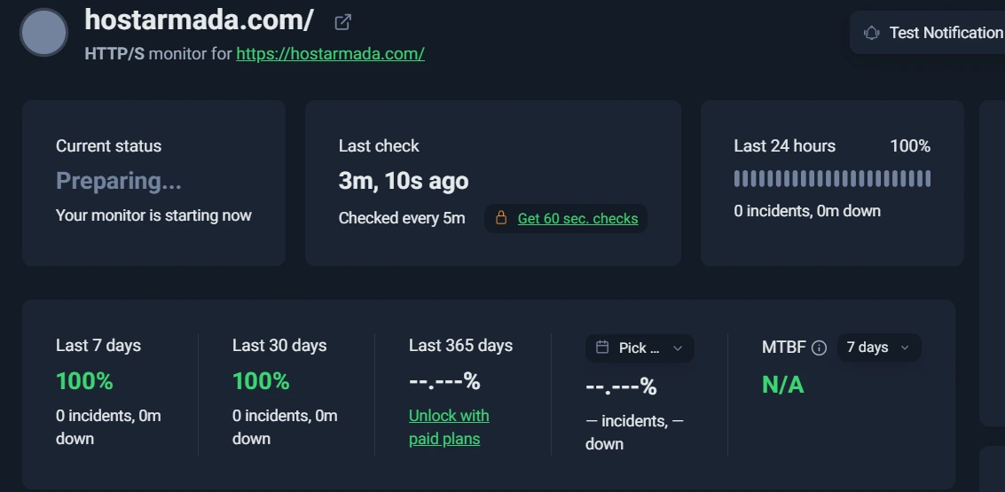 I monitored HostArmada’s uptime, showing the live status overview and overall server stability.