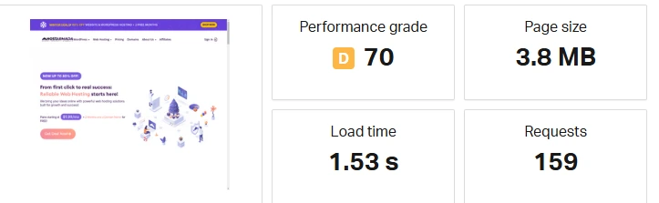 My HostArmada speed test results showing fast loading time and strong performance metrics.