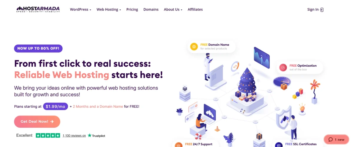 HostArmada web hosting homepage banner showing 80% discount offer, $1.99 per month pricing, free domain promotion, and illustrated web hosting features like SSL, optimization, and support