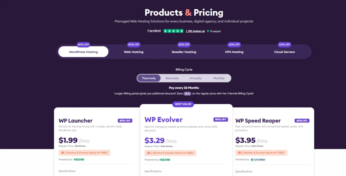 ScalaHosting WordPress hosting pricing table showing WP Launcher at $1.99/mo, WP Evolver at $3.29/mo, and WP Speed Reaper at $3.95/mo with up to 80% discount.