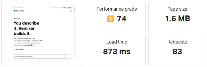 DreamHost website performance test showing load time, page size, and performance grade.