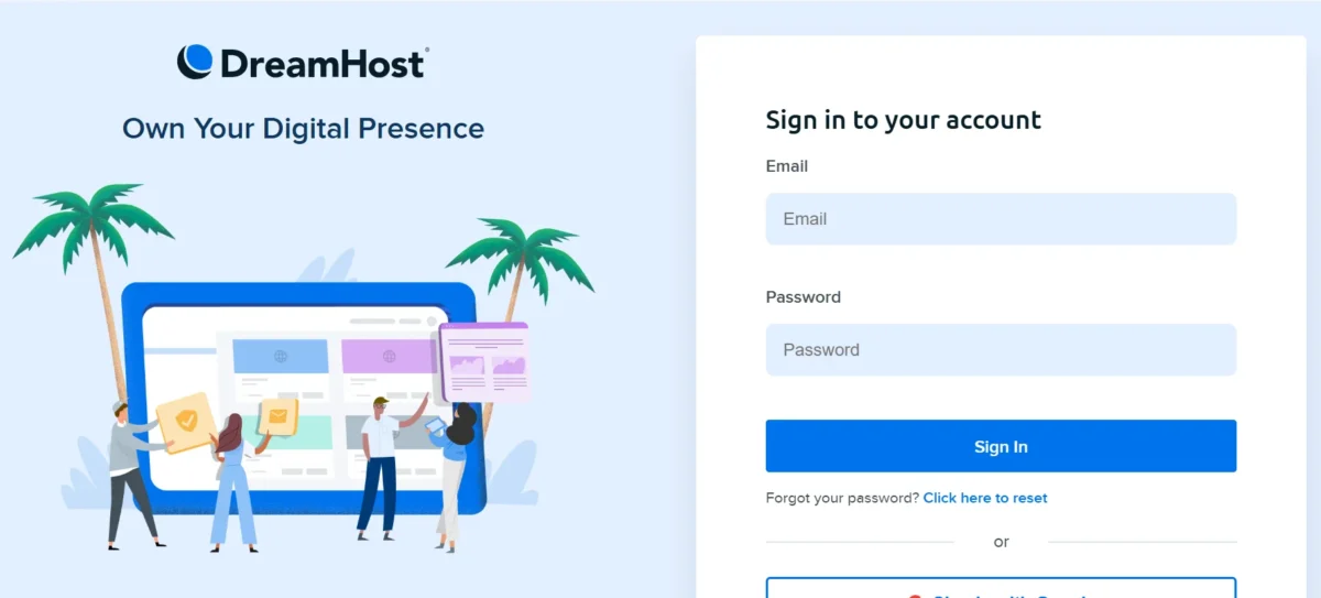 DreamHost webmail login page showing email and password fields for accessing and managing email accounts