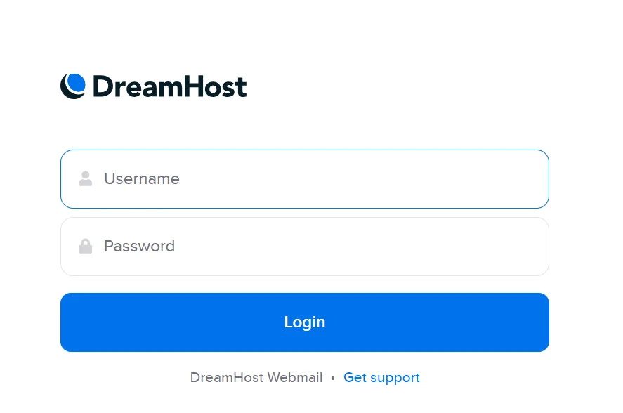 Login screen for DreamHost webmail showing username and password fields