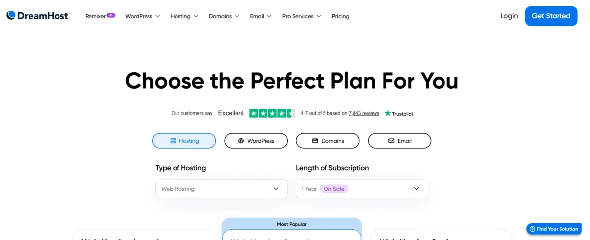 Screenshot of DreamHost website showing hosting plan options, subscription length, and customer rating.