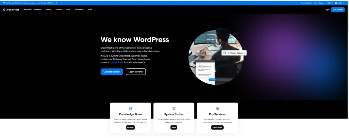 DreamHost customer support page showing “We know WordPress” headline with contact support and login options.
