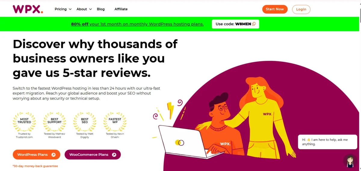 WPX hosting homepage showing fast WordPress hosting promotion and customer reviews