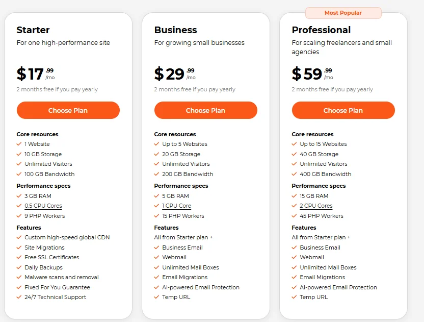 WPX hosting pricing plans showing Starter, Business, and Professional WordPress hosting packages