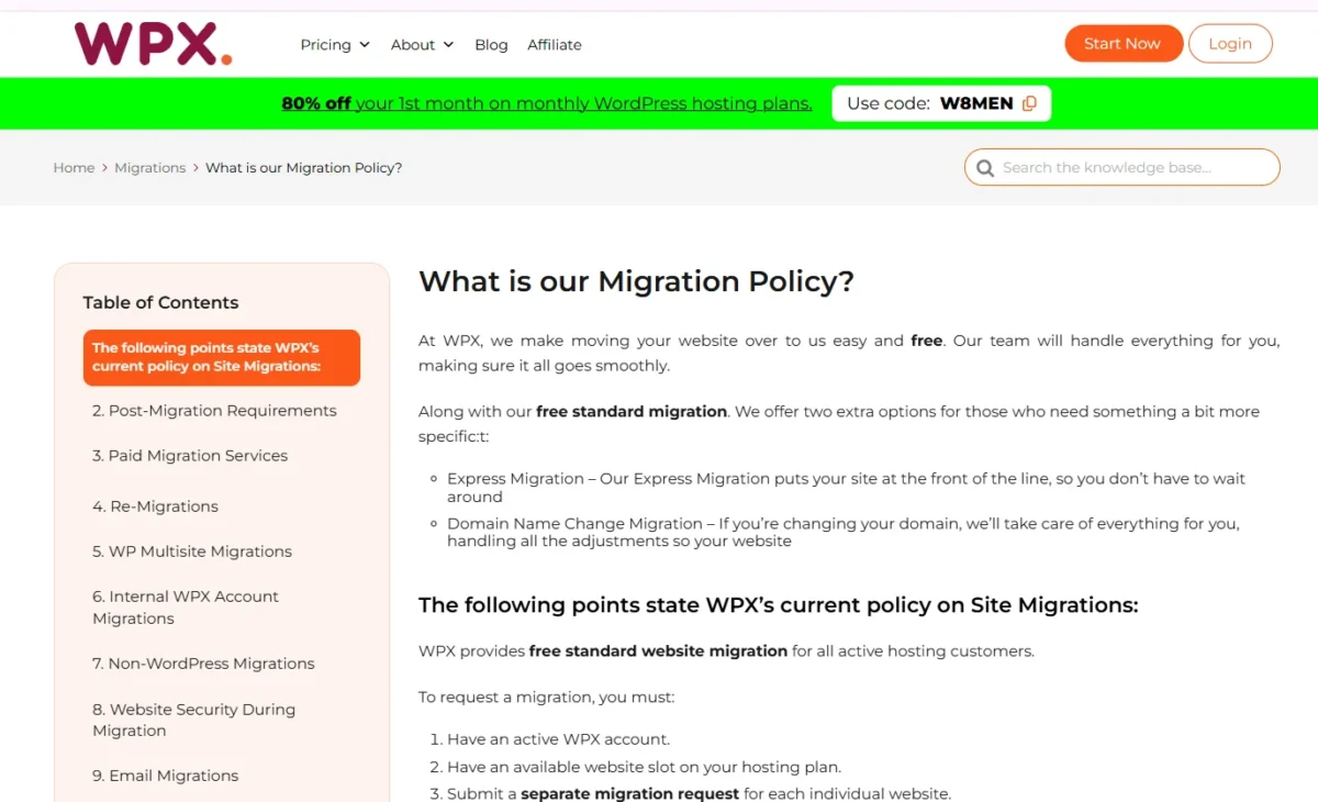 WPX Hosting migration policy page showing free website migration service and transfer requirements
