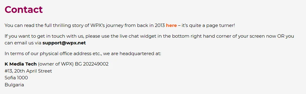 WPX Hosting contact page showing support email and company office address