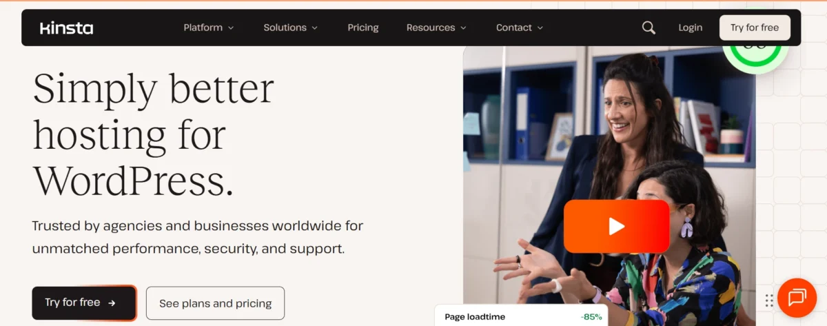 Kinsta homepage showing WordPress hosting platform with performance and pricing options