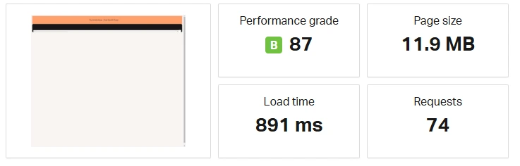Kinsta performance grade B with 891 ms load time, 11.9 MB page size, and 74 requests